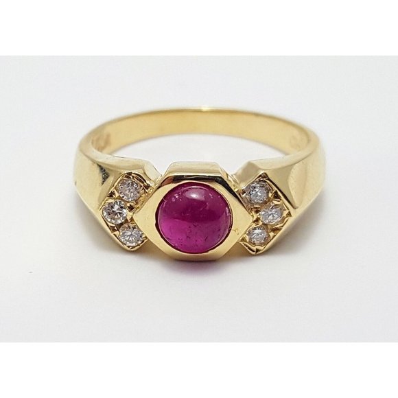14K Karat Solid Yellow Gold Ladies Designer Cabochon Ruby & Round Diamond Ring
